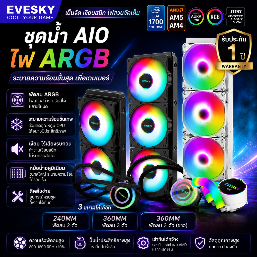 SUMTAX ชุดน้ำระบบปิด Tsunami SL-360 240 120 Unlimited Deep Space Lighting ARGB Multi-platform CPU Liquid Cooler รับประกั