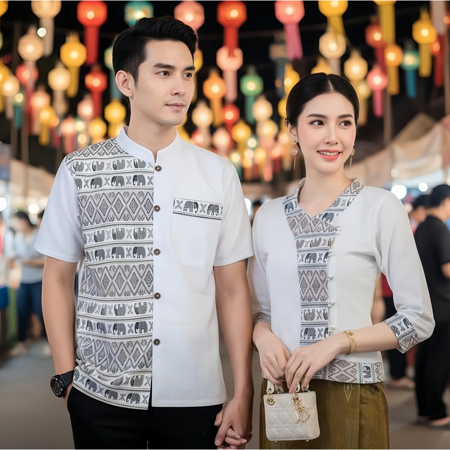 เสื้อพื้นเมืองลายช้างคู่ ผ้าฝ้ายเกรดA เนื้อนุ่มใส่สบาย แถม!!ถุงใส่แก้วน้ำ
