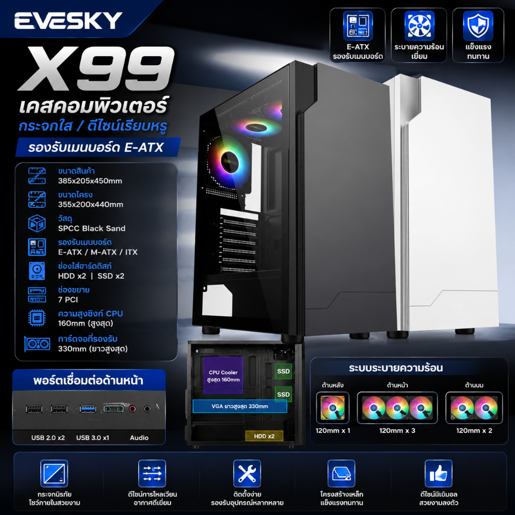 EVESKY X99 dual CPU dual-channelเมนบอร์ดX99เมนบอร์ดคอมพิวเตอร์กรณีคอมพิวเตอร์เดสก์ท็อปกระจกด้านข้างโปร่งใสE-ATXเมนบอร์ดส