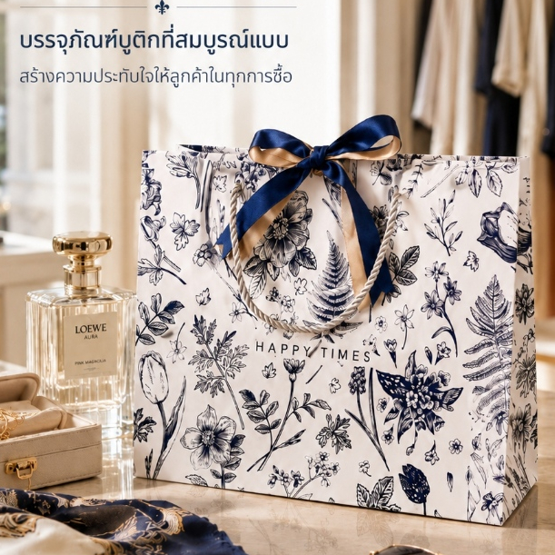 ถุงกระดาษของขวัญลายดอกไม้สีน้ำเงินขาว หูหิ้วเชือก แถมริบบิ้นน้ำเงินทอง 2เส้น 4ขนาด หนาแข็งแรง งานแต่ง วันเกิด