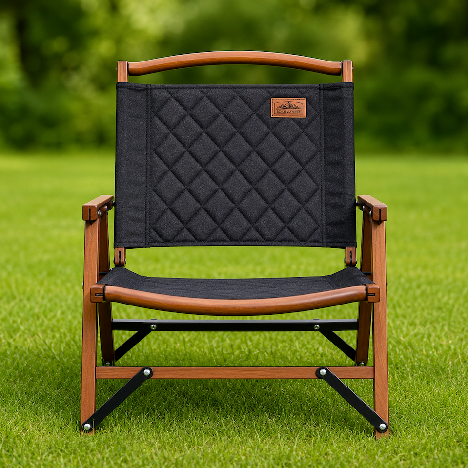 BORN CAMPER เก้าอี้ Kermit สีดำ ไม้บีชวูด ผ้าบุนุ่มหนาพิเศษ 1000D | เก้าอี้แคมป์ปิ้งพรีเมียม พับเก็บได้ Camping Chair