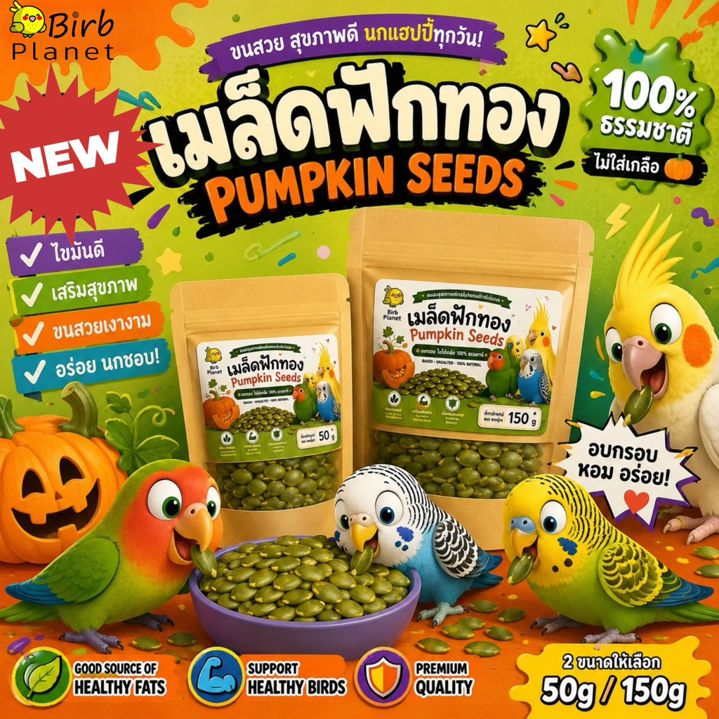 เมล็ดฟักทองสำหรับนก Bird Planet Pumpkin Seeds อาหารนกธรรมชาติ อบแห้ง ไม่เค็ม 100%