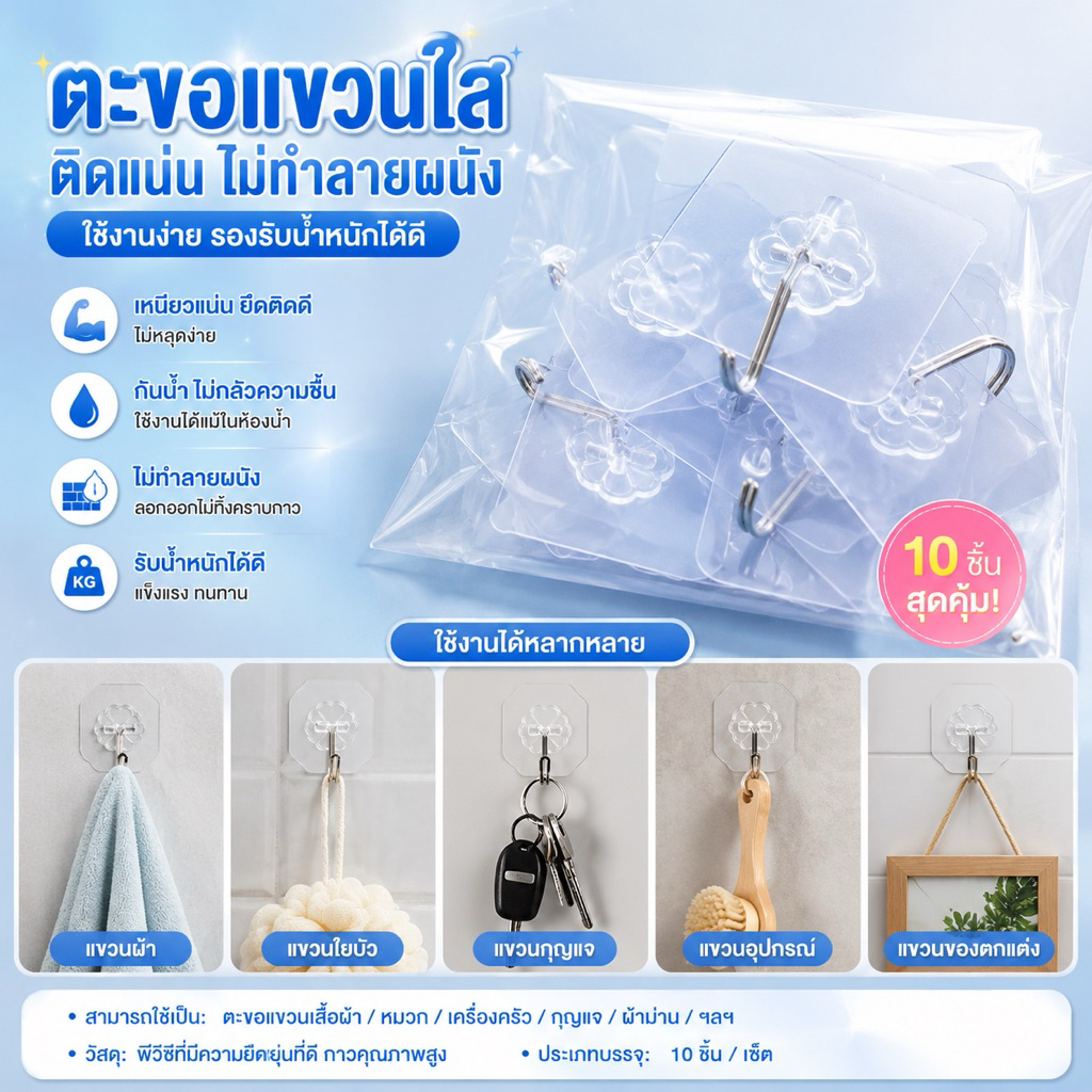 kingshopping (ร้านไทย) (GT22)(ตะขอแปะผนังถุงละ10ชิ้น) ตะขอสูญญากาศ อเนกประสงค์ (อุปกรณ์สำหรับจัดเก็บ)