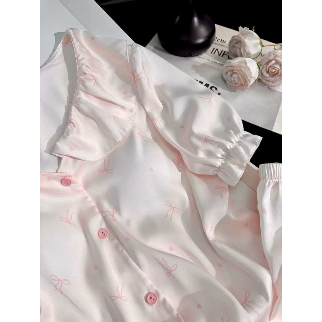ICE SILK - COOL IN SUMMER ❄️ ชุดนอนติดแอร์ เนื้อผ้าเย็น สบาย Silk Satin 🎀 002 (เสื้อ+กางเกง)