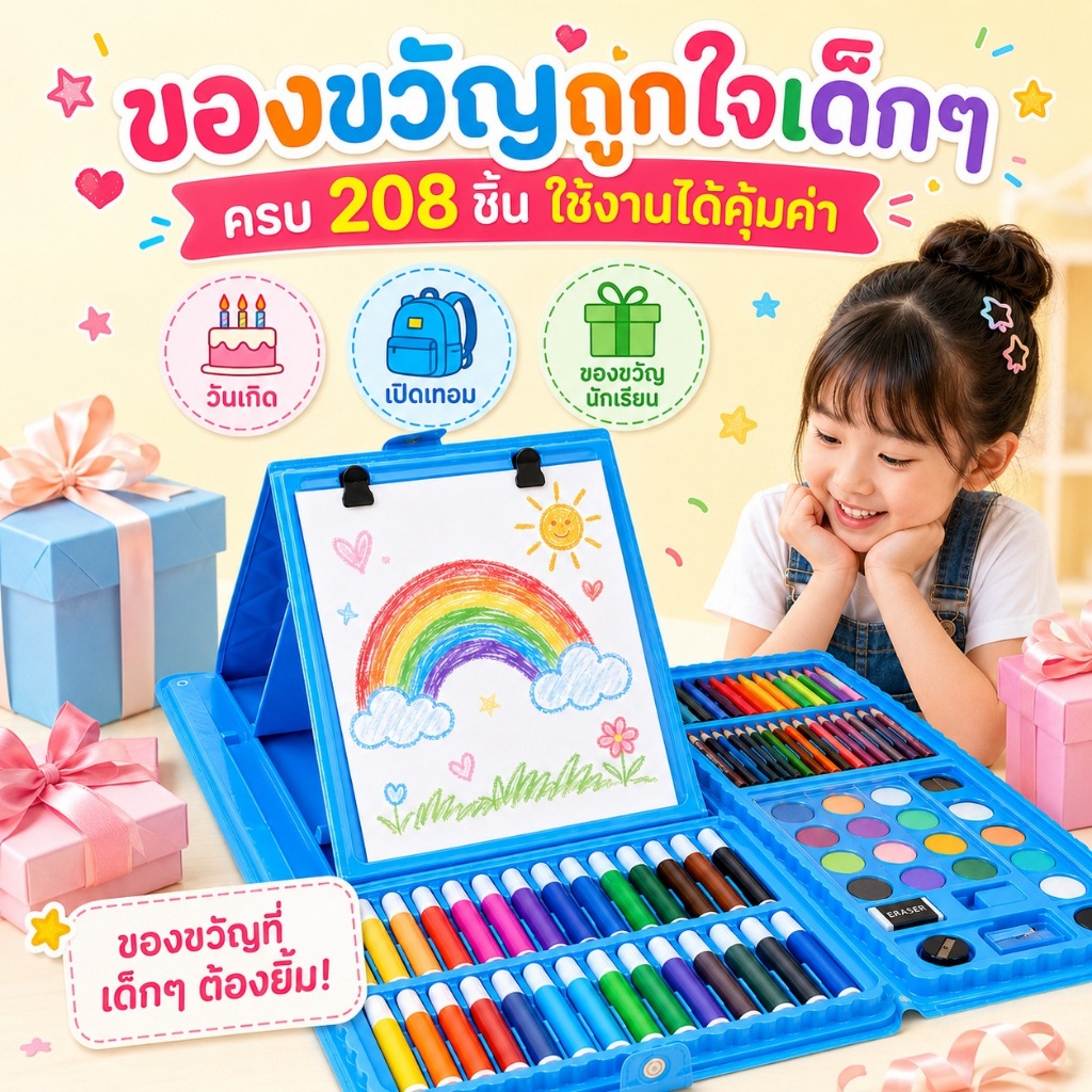 KiKi ชุดระบายสีเด็ก 208 ชิ้น กล่องศิลปะพกพา รูปที่ 7