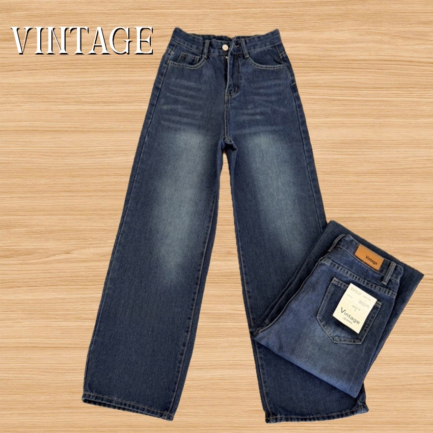 Vintage รุ่น #H0021 กางเกงยีนส์ สีฟ้าเข้ม ทรงกระบอก แต่งเฟดขา ทรงสวยผ้าไม่ยืด