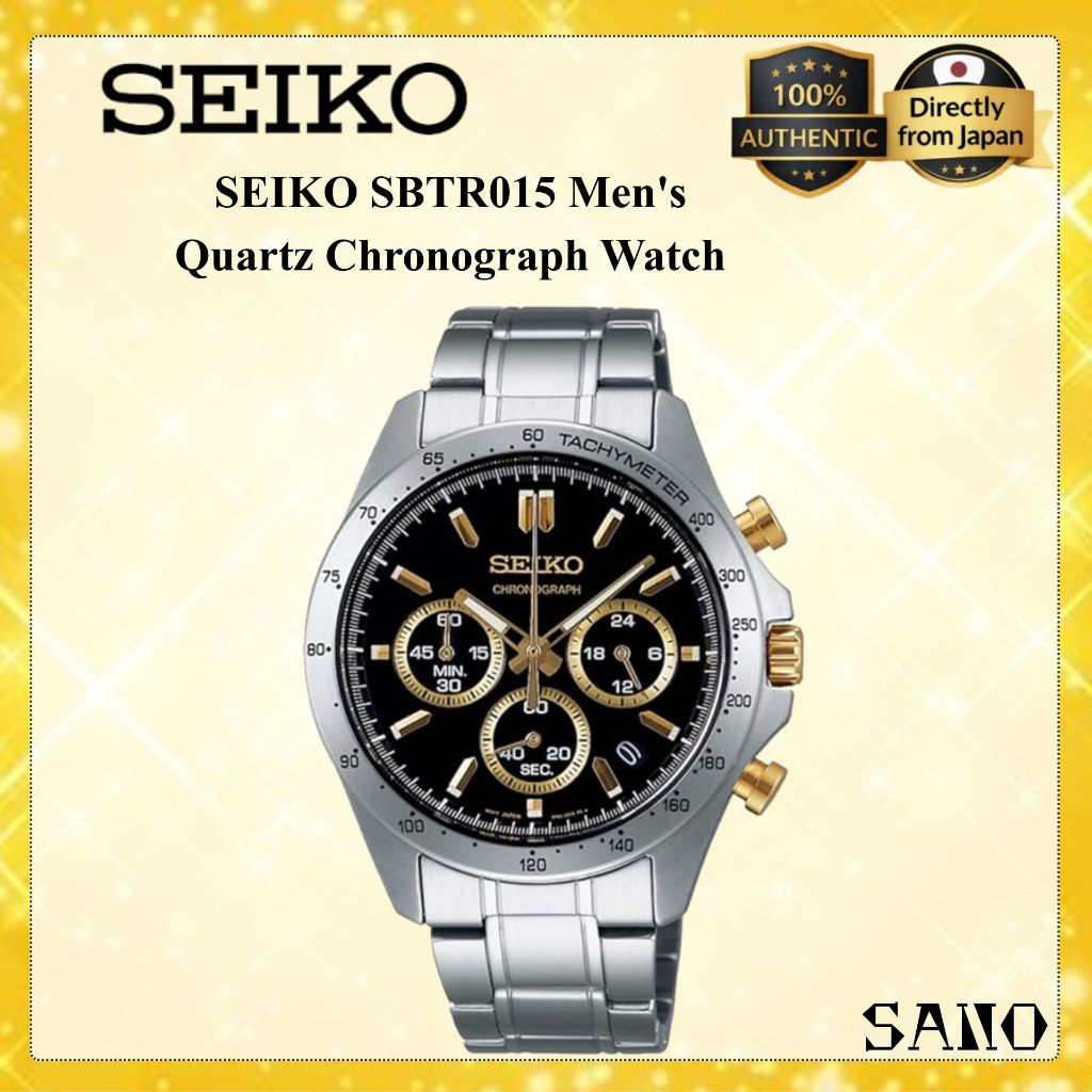 SEIKO SBTR015 Men's Quartz Chronograph Watch Black Gold Dial Stainless Steel Date Display