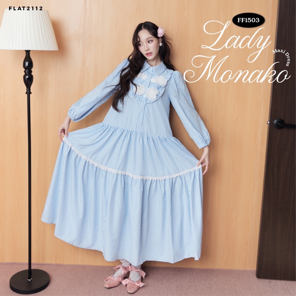 FLAT2112 : LADY MONAKO MIDI DRESS เดรสยาวลายกิงแฮมสีฟ้าโทนพาสเทล ดีไซน์ระบายด้านหน้าเพิ่มความหวานละมุน (FF1503)