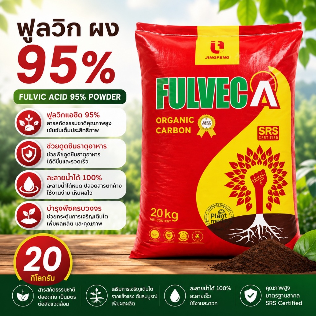 🔥🌿 Fulvic Acid 95% Powder ผงฟูลวิก ละลายน้ำ 100% ช่วยดูดซึมธาตุอาหาร 20กก.