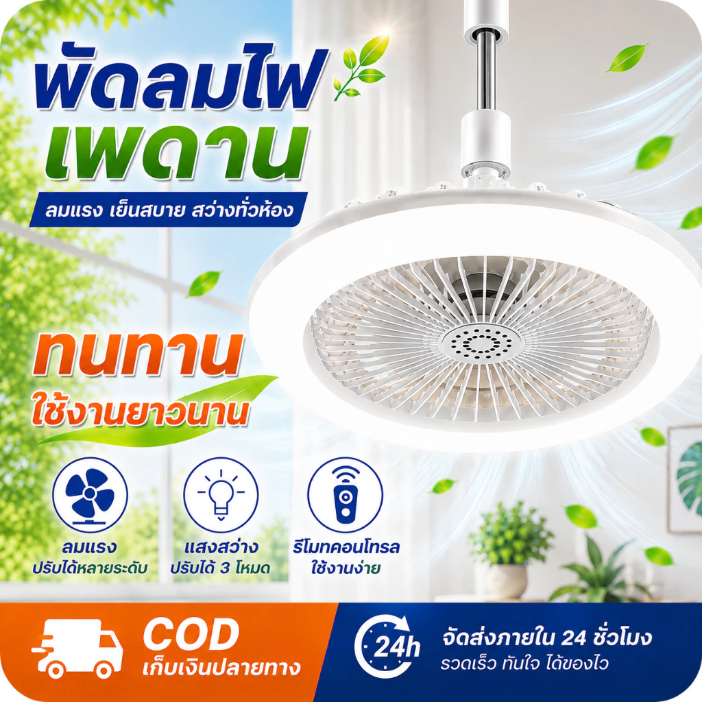พัดลม E27 โคมไฟเพดาน LED พัดลมโคมไฟ หลายเกียร์ ลมแรงสุดแรง พัดลมติดเพดาน ไฟ LED 3 สี เขย่าหัว เงียบสุด ประหยัดสุด