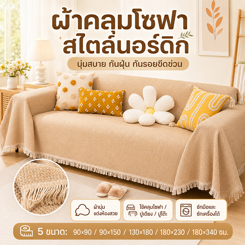 🔥พร้อมส่ง🔥ผ้าคลุมโซฟา สไตล์นอร์ดิก ผ้าฝ้ายผสม นุ่มสบาย กันฝุ่น กันรอยขีดข่วน ใช้ได้หลายแบบ 5ขนาด  แต่งห้อง