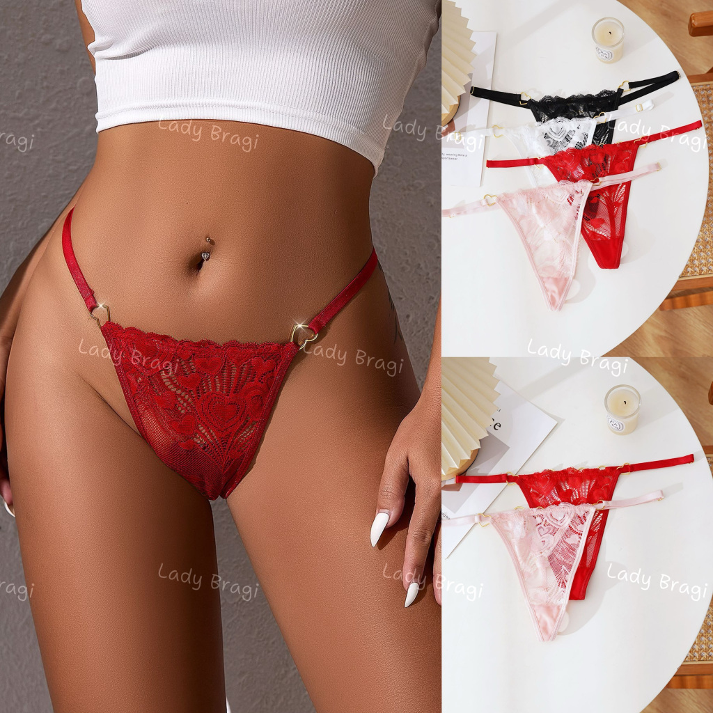 J37 กางเกงใน G-String ลูกไม้เซ็กซี่ โชว์ด้านหลัง แต่งห่วงหัวใจสีทอง เอวปรับสายได้ สวมใส่สบาย จีสตริง พร้อมส่ง