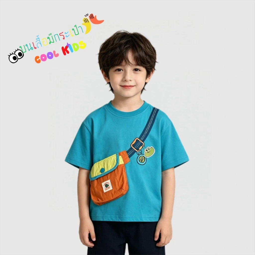 BB324 เสื้อทีเชิร์ตลูกชายฤดูร้อน สีฟ้าเขียว กระเป๋าสะพายผ้าจริงติดเสื้อหลายเฉดสี