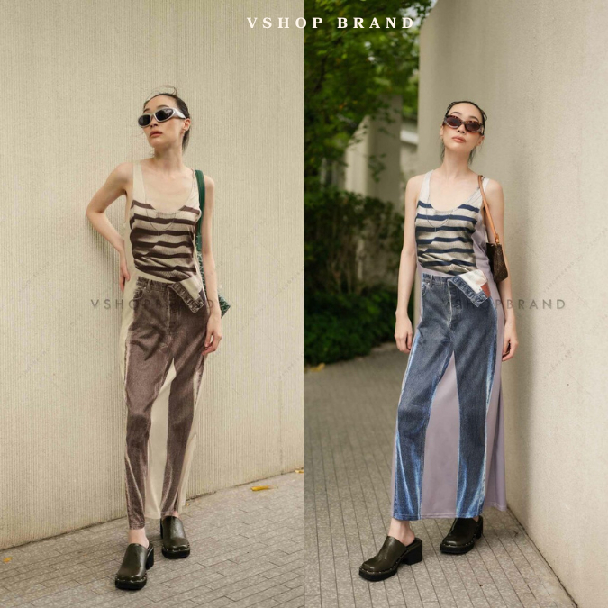 พร้อมส่ง เดรสกล้ามแต่งลายเสื้อ+กางเกงขายาว งานป้ายvshopbrand