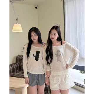 villie Mood Swing Top เสื้อยืดแขนยาวผ้าsheerสกรีนลายกระต่าย/แมวดำ