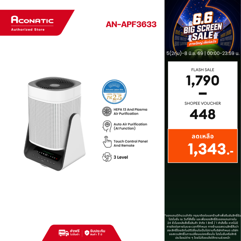 ใหม่ Aconatic เครื่องฟอกอากาศ Air Purifier รุ่น AN-APF3633 ฟิลเตอร์ HEPA 13 CADR 160m³/h Child Lock