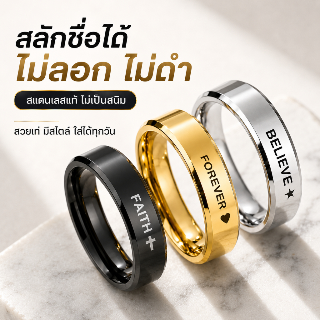 สั่งทำชื่อได้ แหวนคู่สแตนเลสแท้ สลักชื่อ วันสำคัญ ข้อความพิเศษ ของขวัญแฟน ของขวัญครบรอบ