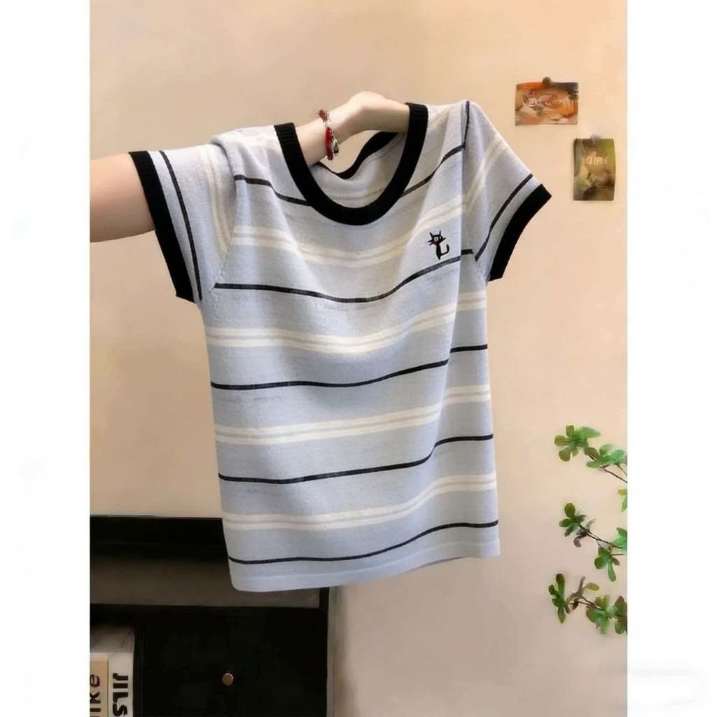ออกแบบขนาดใหญ่แขนสั้นสีฟ้าลายปักฤดูร้อนผู้หญิงเสื้อยืดหลวมไขมันมม.ฤดูร้อนบางใหม่ด้านบน
