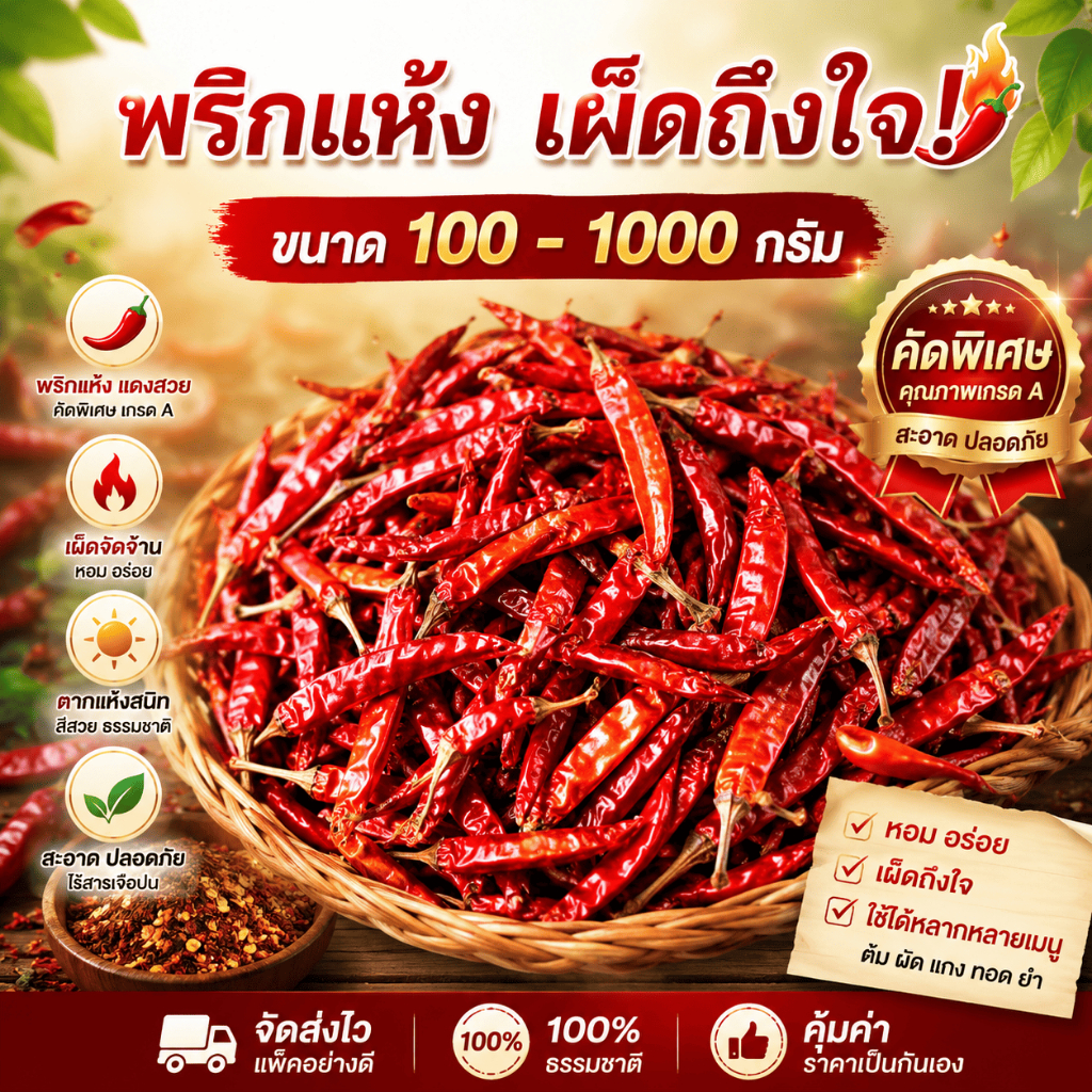 พริกแห้งซุปเปอร์ฮอท เผ็ดถึงใจ! แห้ง กรอบ มีหลายขนาด 100 - 1000 กรัม