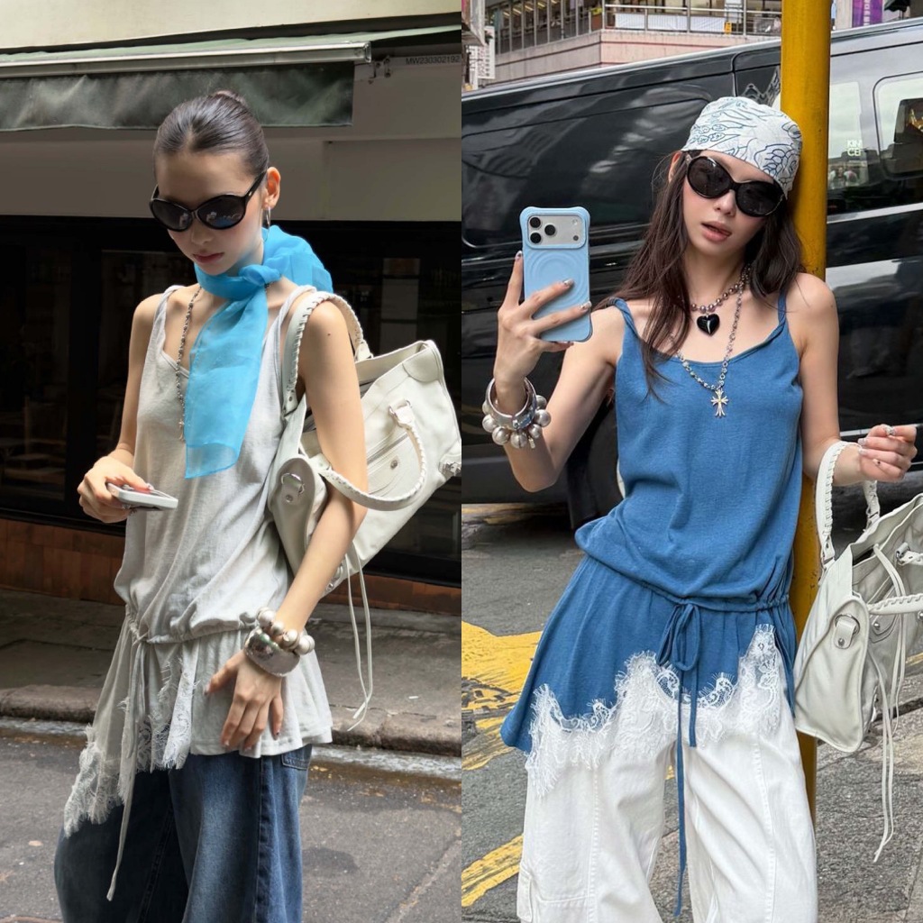 BY0561 เสื้อกล้ามตัวยาว ผ้าคอตตอนสลาฟ รูดเอวแต่งลูกไม้ benly co