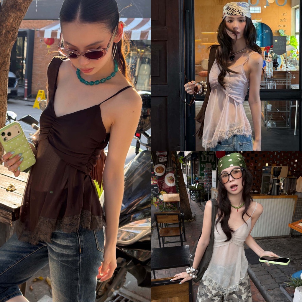 BY0522 เสื้อสายเดี่ยวซีทรู ผ้าบางชีฟอง สายปรับได้ benly co