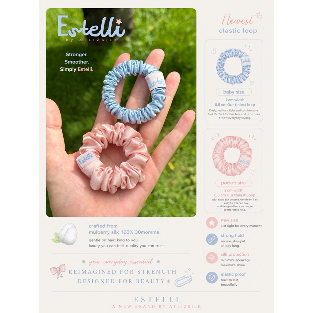 ยางรัดผมผ้าไหมมัลเบอร์รี่ Collaboration atlizsilk x Estelli silk aura scrunchies รุ่น Baby size (เล็ก)