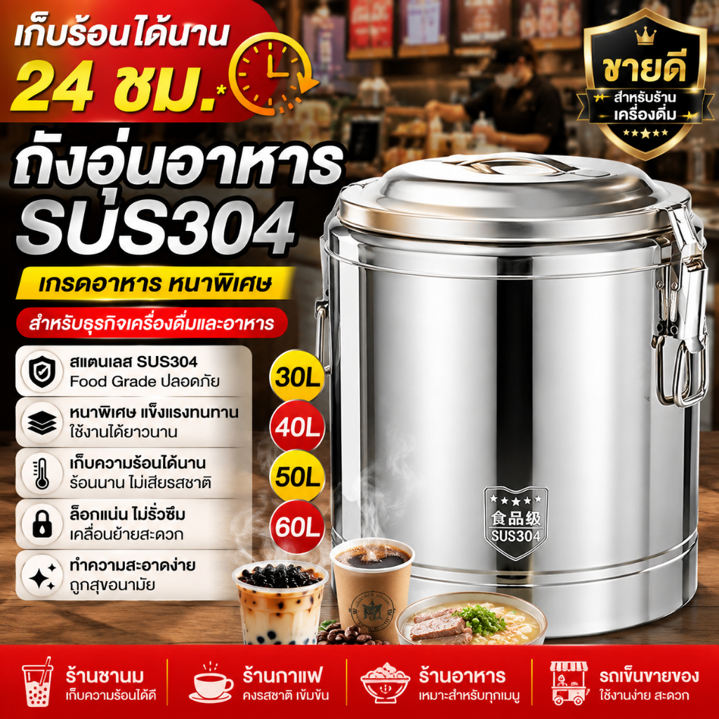 🔥ถังอุ่นอาหาร SUS304 ถังเก็บความร้อนสแตนเลสหนาพิเศษ 30L 40L 50L 60L สำหรับร้านชานม ร้านกาแฟ ร้านอาหาร และขายหน้าร้าน