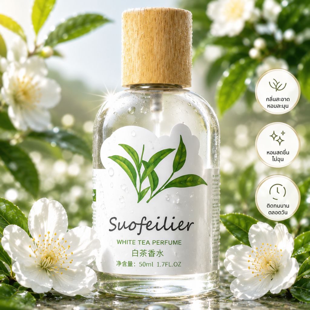 WHITE TEA PERFUME หอมละมุน สะอาด สดชื่นในทุกวัน เสน่ห์ของกลิ่นชาขาวที่ให้ความรู้สึกผ่อนคลาย ไม่ฉุน น้ำหอม 50 ml