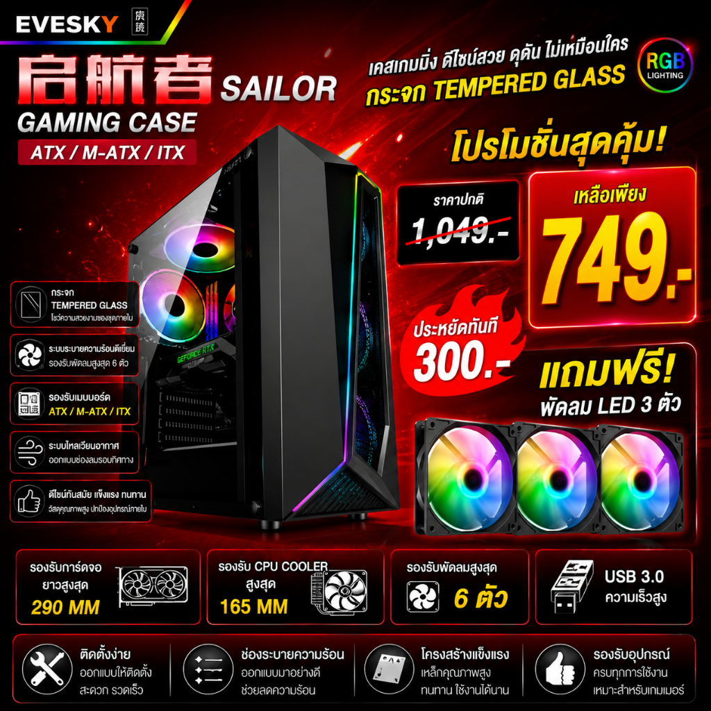 启航者 SAILOR Gaming Case ATX M-ATX ITX กระจก Tempered Glass รองรับ VGA 290MM CPU Cooler 165MM