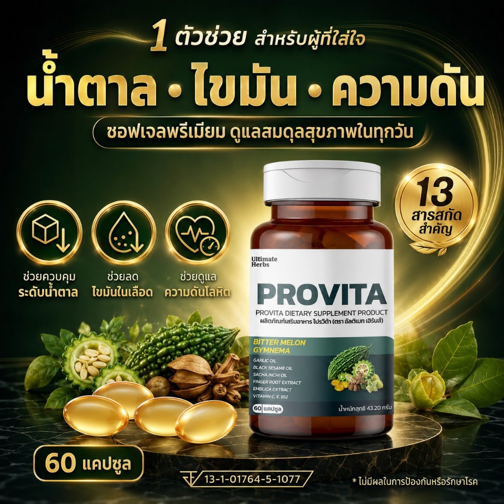 โปรวีต้า PROVITA ซอฟเจลสารสกัดมะระขี้นก ผักเชียงดา อื่นๆ 10 ชนิด น้ำตาลสูง เบาหวาน ความดัน ไขมันสูง