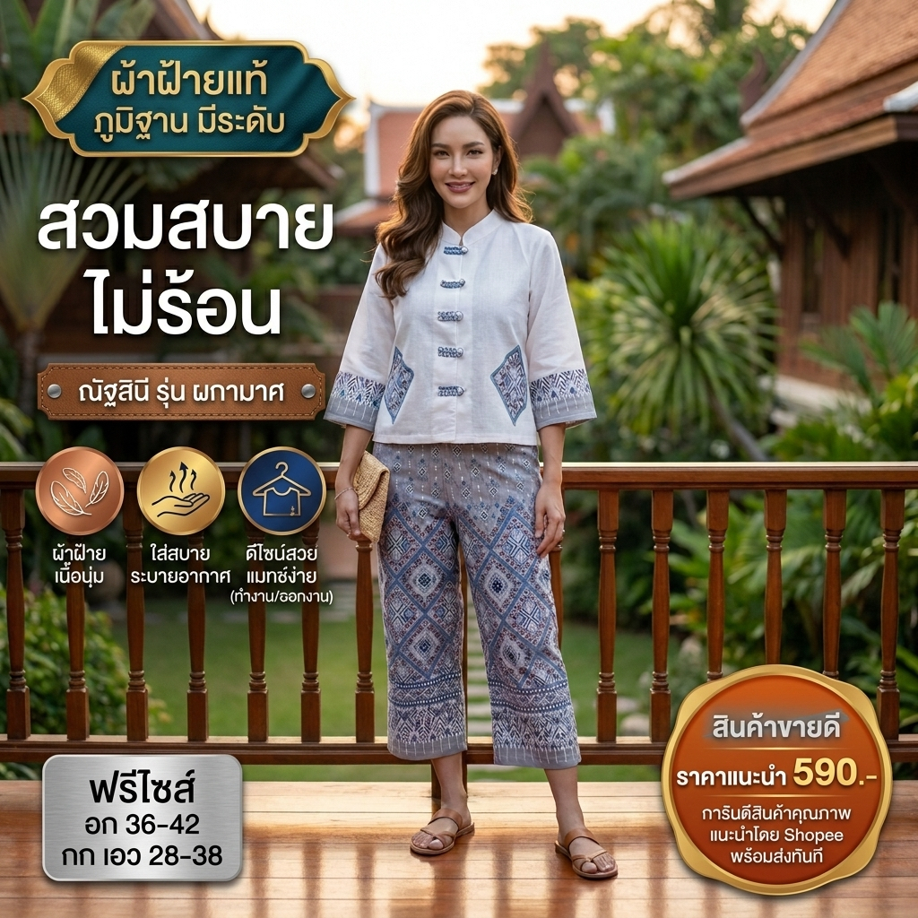 ชุดเซตผ้าฝ้ายแท้ เสื้อพร้อมกางเกง ณัฐสินี รุ่นผกามาศ งานพิมพ์ลายไทย ทรงสวย ใส่สบาย ฟรีไซซ์ 36-42