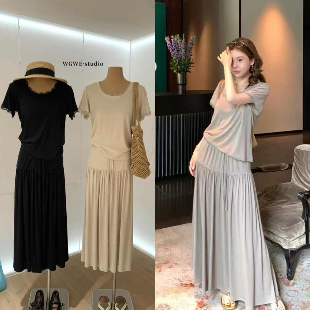 9637# Set 2 pcs เสื้อคอยู แขนสั้น แต่งขอบลูกไม้ + กระโปรงเอวยางยืด มีเชือกรูดช่วงเอว เนื้อดี งานสวย TAG:WG.WE 🇰🇷