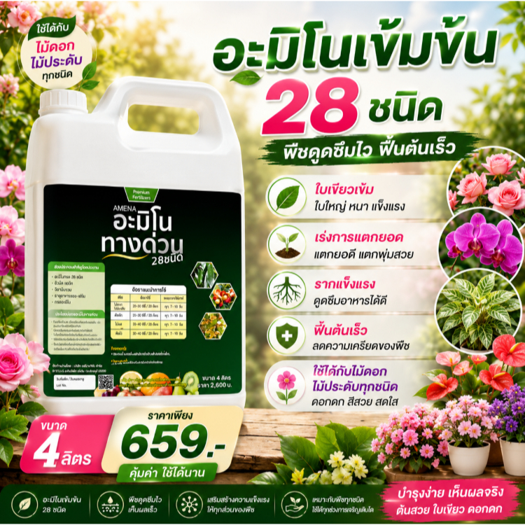 อะมิโนทางด่วน 28 ชนิด บำรุงใบ เร่งโต ฟื้นต้นโทรม ใบเขียวเข้ม แตกยอดดี ขนาด 4 ลิตร