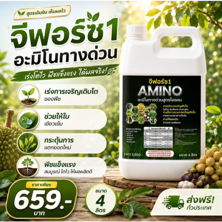อะมิโนทางด่วน เร่งการเจริญเติบโตของพืช ช่วยให้ใบเขียวเข้ม กระตุ้นการแตกยอดใหม่ จีฟอร์ซ 4 ลิตร