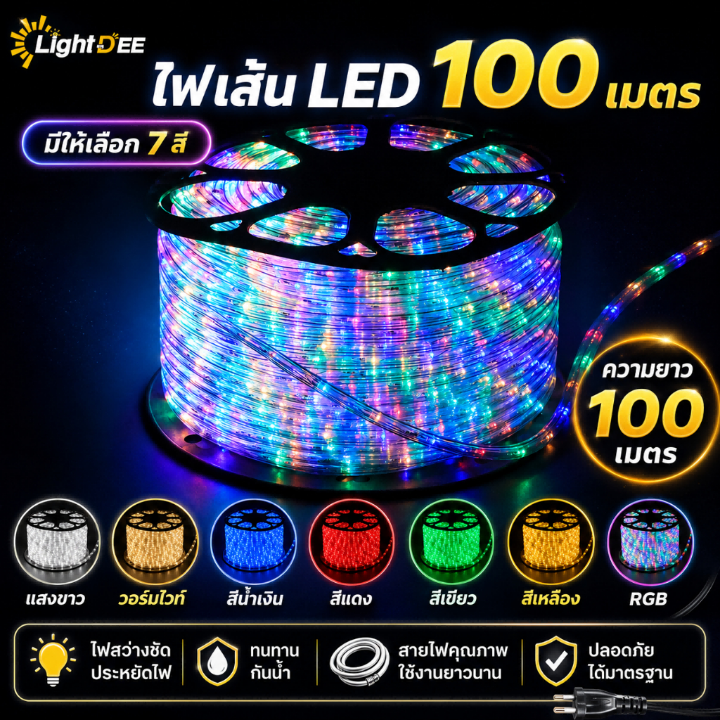 ไฟท่อยาง ไฟเส้น ไฟสายยาง Led ไฟเส้นตกแต่ง ปรับกระพริบได้​ 4​ จังหวะ 100 เมตร ไฟสายยางพร้อมปลั๊กเสียบ​ กันน้ำ​