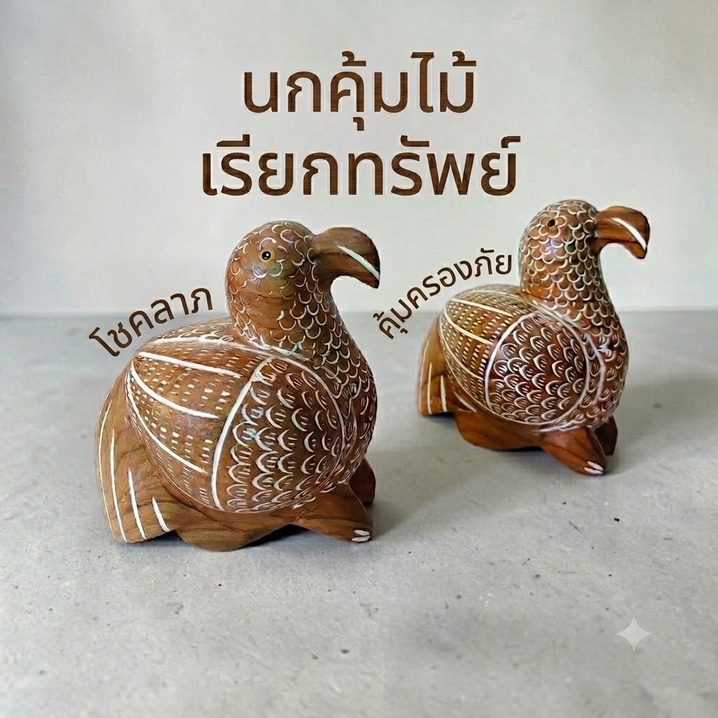 นกคุ้มไม้ นกคุ้มมงคล นกคุ้มมารุมเรียกทรัพย์ แกะสลักจากไม้สัก เครื่องรางมงคลช่วยคุ้มครองภัย (ราคาต่อคู่)