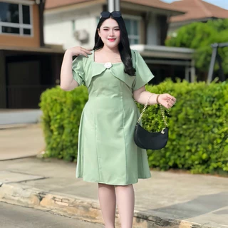 S222เดรสคอเหลี่ยมแต่งกุหลาบ ด้านหลังดึงยางสม็อกมีโบว์ผูกเอว 3ไซส์ L XL 2XL รอบอก40-60 ชุดสาวอวบใส่ออกงาน
