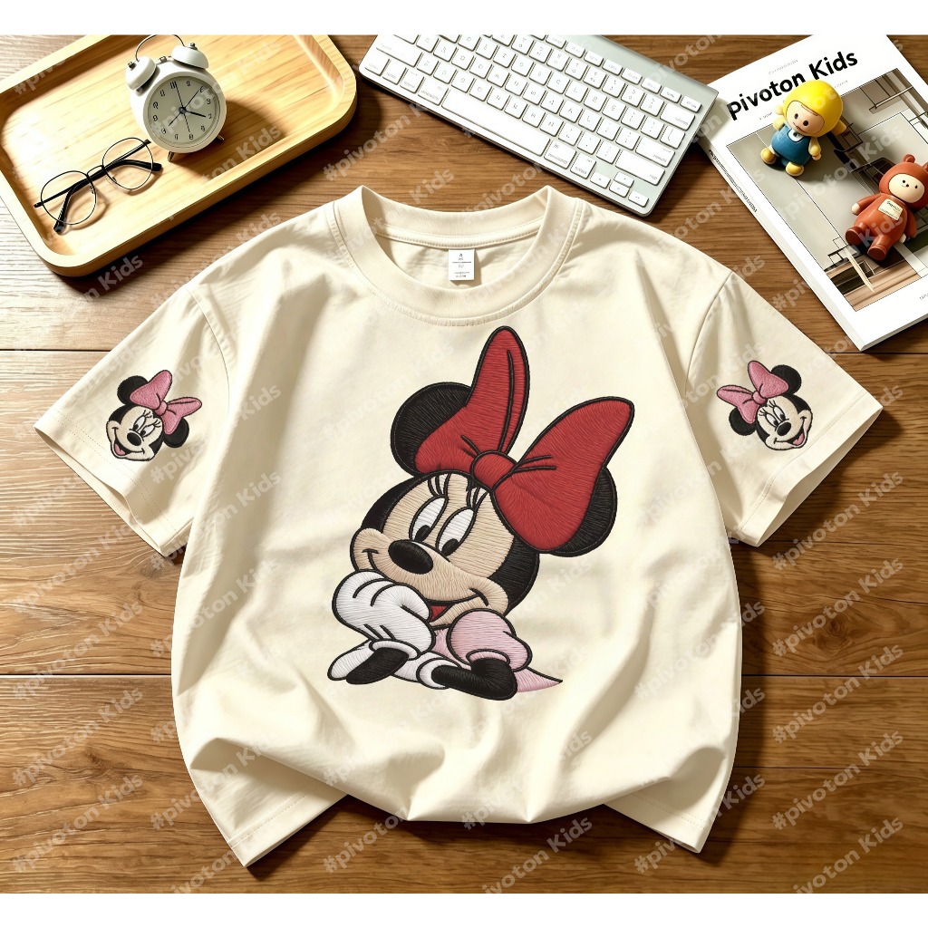 เสื้อยืดเด็กผู้หญิง ลายมินนี่พิมพ์เลียนแบบปักผ้า ผ้านุ่มระบายอากาศ ยืดหยุ่น ไม่เป็นขน ทรงหลวม พร้อมส่ง COD อายุ2-14ปี