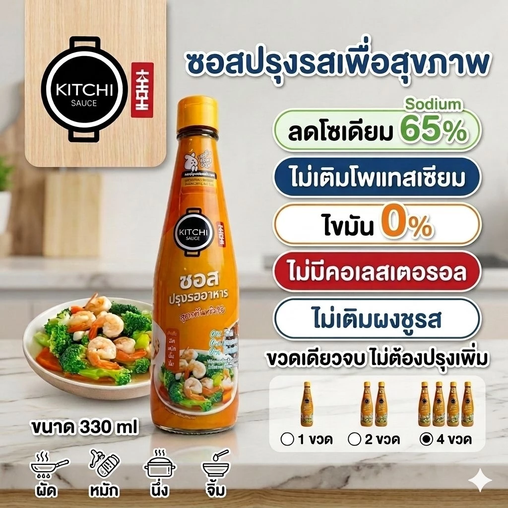 คิชชี่ซอสต้นตำรับ330ml สูตรลดโซเดียม 65% ไม่ใส่ผงชูรส ไม่เติมเกลือโพแทสเซียม ใครทำก็อร่อย ไม่ต้องปรุงเพิ่ม