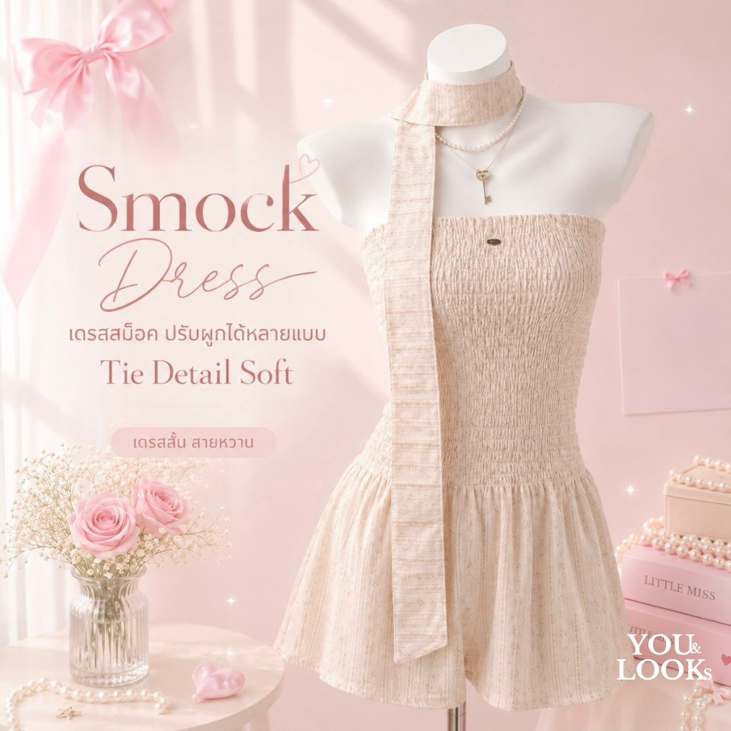 YOU&LOOKs เดรสสม็อค ปรับผูกได้หลายแบบ Smock Dress เดรสสั้น สายหวาน รุ่น Tie Detail Soft ✨