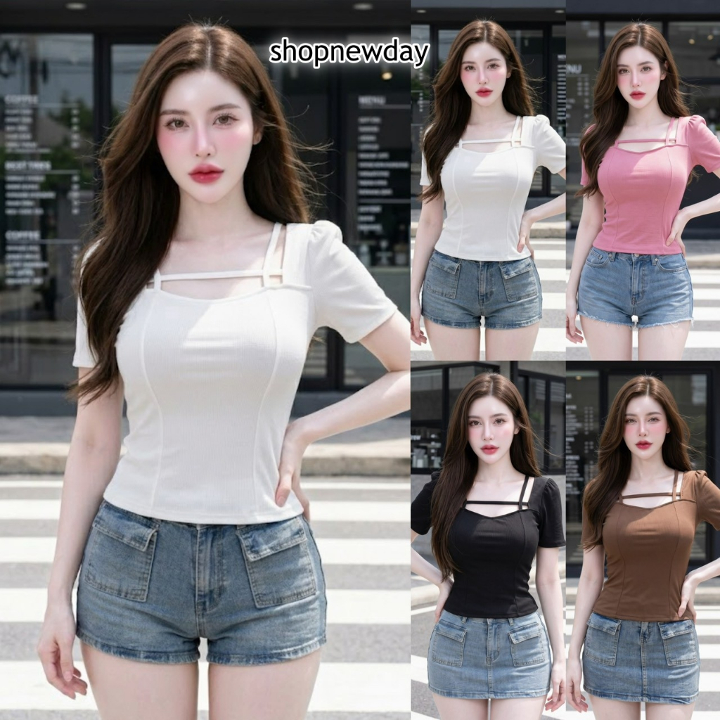 เสื้อแฟชั่น ผ้าร่องเกาหลี แขนสั้น ดีเทลแต่งสายช่วงอก เข้ารูป สาวอวบใส่ได้ ผ้านุ่ม นิ่ม ใส่สบาย ใส่แมท LG323
