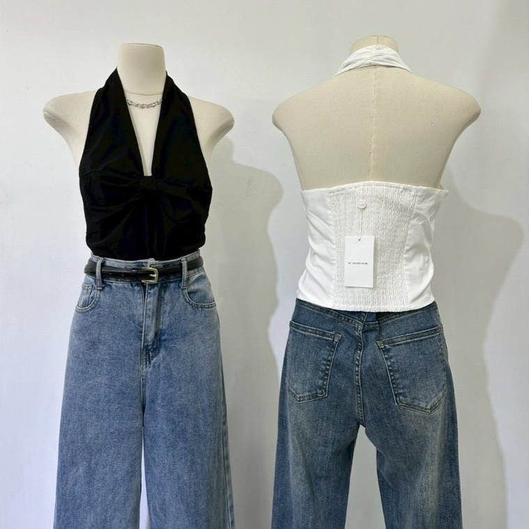 M2142 เสื้อคล้องคอดีไซน์จีบหน้า งานสวยตรงปก ผ้าดีใส่สบาย