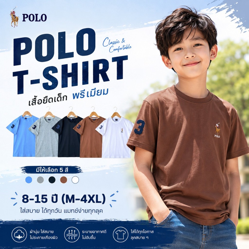 เสื้อยืดคอกลมเด็กโตสีพื้น ปักม้า(ชุด2) ผ้านุ่ม ไม่หดไม่ย้วย ผ้าดีมากใส่สบาย