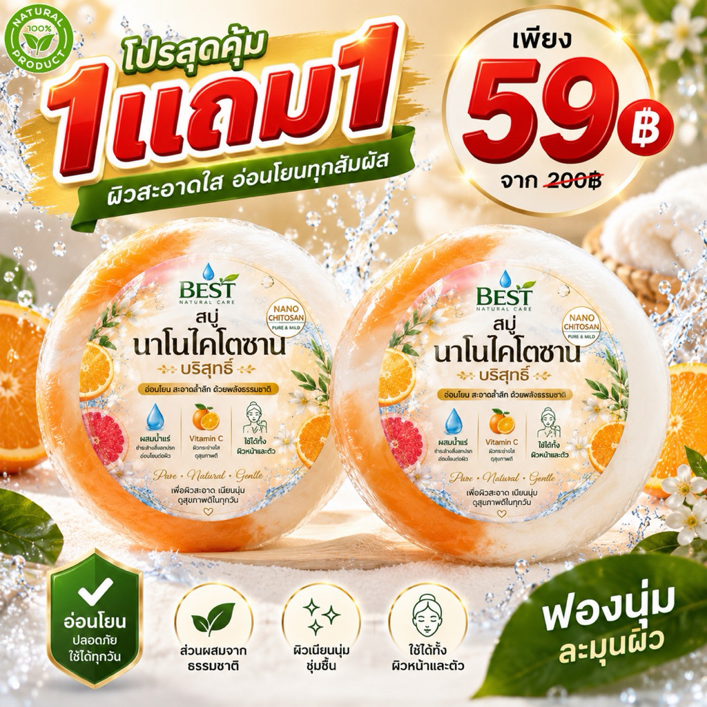 Best Natural Care สบู่นาโนไคโตซานบริสุทธิ์ + Vit C สำหรับผิวหน้าและผิวตัว **โปรเปิดตัว1แถม1