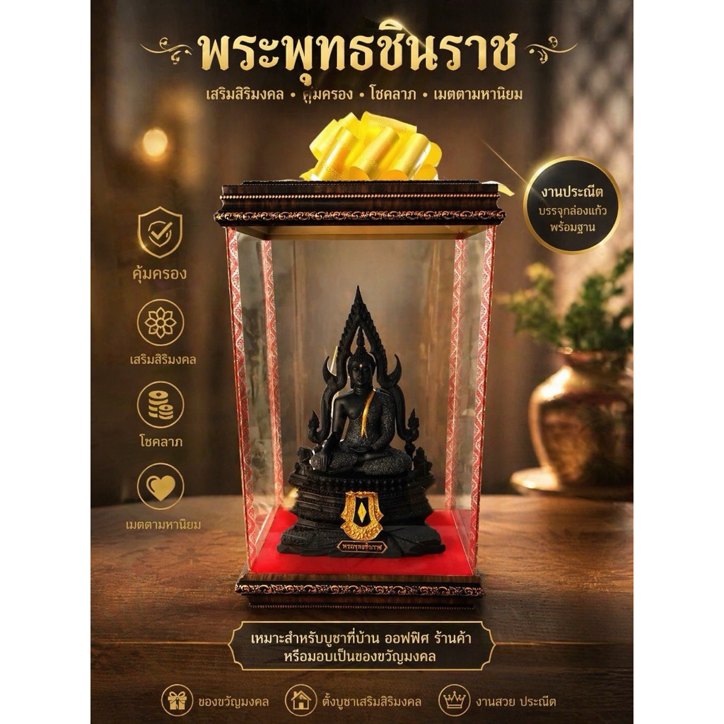 พระพุทธชินราชเนื้อนิล หน้าตัก 5นิ้วพร้อมกล่องกระจกพรีเมี่ยมและตกแต่งด้วยโบว์