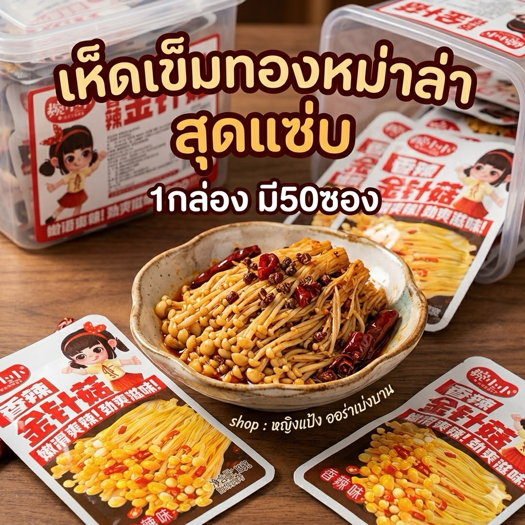 เห็ดเข็มทอง หม่าล่า กุ้งกรุบชมพู หมึกกรุบกล่องแดง ยกกล่องมี50ซอง มีแบ่งขาย