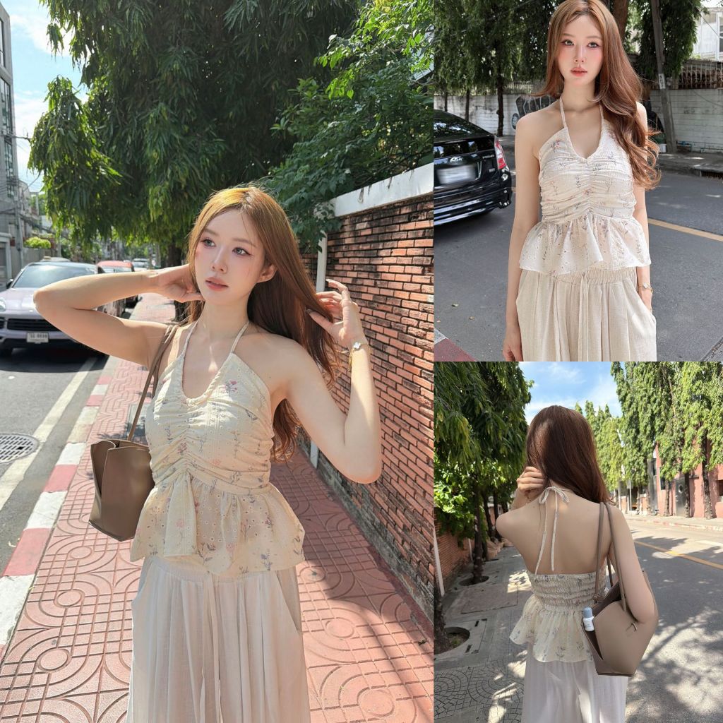 ส่งทันที 💗 SLYQ GARDEN TIE NECK HALTER TOP เสื้อคล้องคอผูกหลังลายดอกไม้