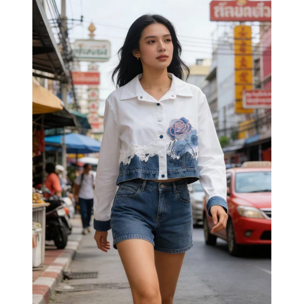 เสื้อเชิ้ตแขนยาวทรงครอป แต่งยีนส์