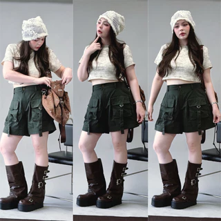 กางเกงขาสั้น กระเป๋ามีห่วง เท่ห์มาก ใส่ไปแคมป์ ใส่เที่ยว ชิวๆ เสื้อผ้าสาวอวบอ้วน พลัสไซส์ ไซส์ใหญ่