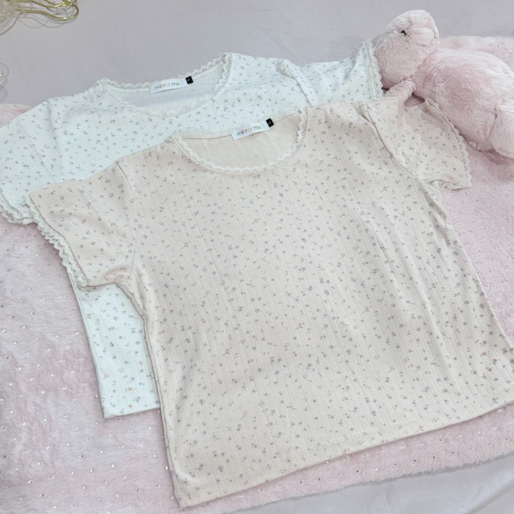 พร้อมส่ง mirrorme เสื้อ Baby tee พิมพ์ลาย สีพาสเทล แต่งลูกไม้